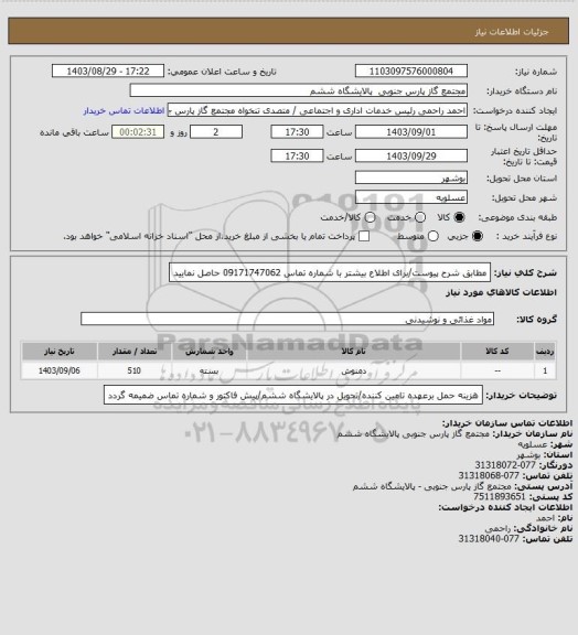 استعلام مطابق شرح پیوست/برای اطلاع بیشتر با شماره تماس 09171747062 حاصل نمایید