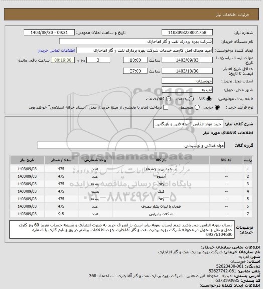 استعلام خرید مواد غذایی کمیته فنی و بازرگانی