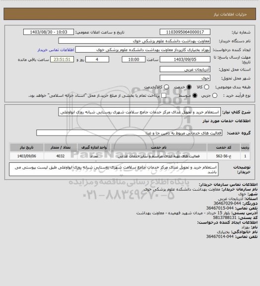 استعلام استعلام خرید و تحویل غذای مرکز خدمات جامع سلامت شهری روستایی شبانه روزی ایواوغلی