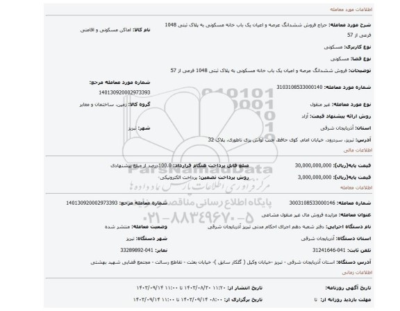 مزایده، فروش  ششدانگ عرصه و اعیان یک باب خانه مسکونی به پلاک ثبتی 1048 فرعی از 57