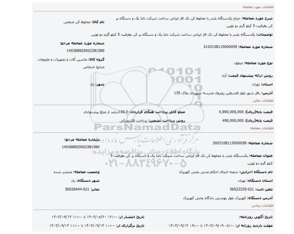 مزایده، یکدستگاه بلندر یا مخلوط کن تک فاز ایرانی ساخت شرکت دلتا پک و دستگاه پر کن بظرفیت 5 کیلو گرم دو توزین