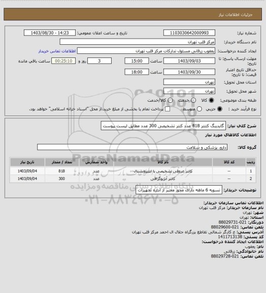 استعلام گایدینگ کتتتر 818 عدد
کتتر تشخیصی 300 عدد
مطابق لیست پیوست