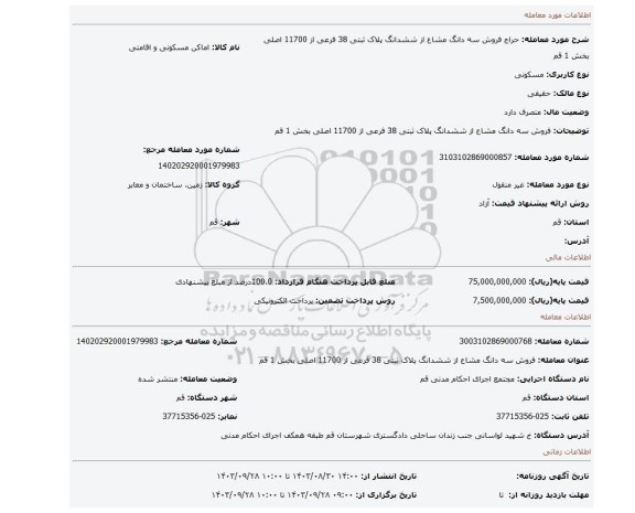 مزایده، فروش سه دانگ مشاع از ششدانگ پلاک ثبتی 38 فرعی از 11700 اصلی بخش 1 قم