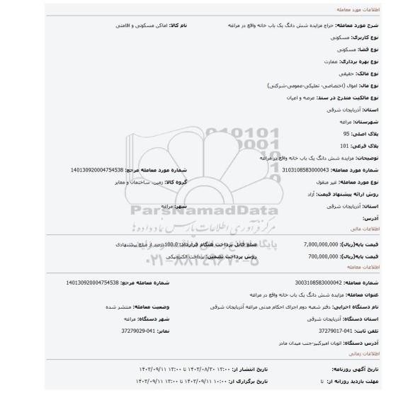 مزایده، مزایده شش دانگ یک باب خانه واقع در مراغه