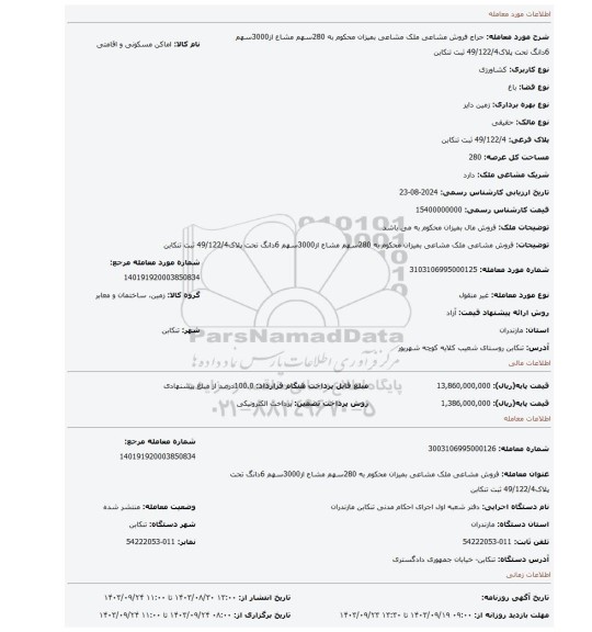 مزایده، فروش مشاعی ملک مشاعی بمیزان محکوم به 280سهم مشاع از3000سهم 6دانگ تحت پلاک49/122/4 ثبت تنکابن