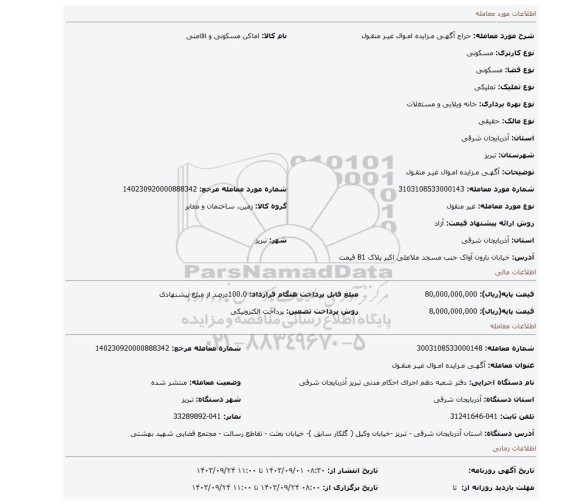 مزایده، آگهـی مـزایده امـوال غیـر منقـول