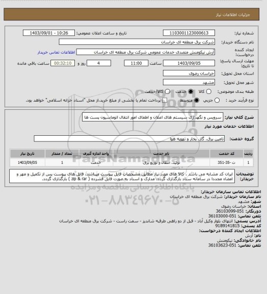 استعلام سرویس و نگهداری سیستم های اعلان و اطفای امور انتقال اتوماسیون پست ها