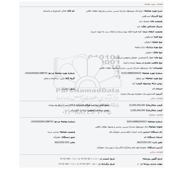 مزایده، مال غیرمنقول مشاع حسین، نرجس و وجیهه دهقان نافعی