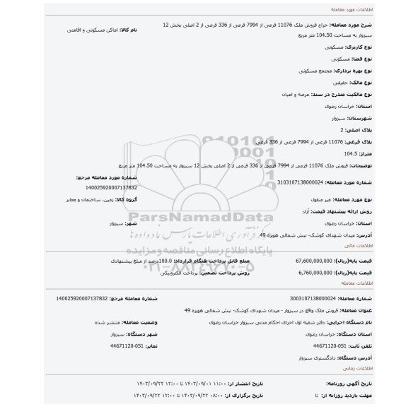 مزایده، فروش  ملک 11076 فرعی از 7994 فرعی از 336 فرعی از 2 اصلی بخش 12 سبزوار به مساحت 104.50 متر مربع