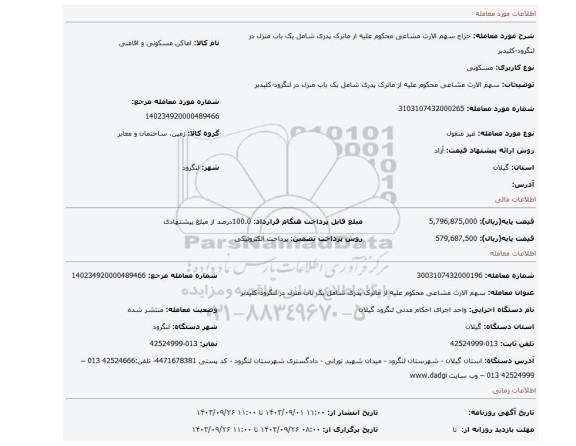 مزایده، سهم الارث مشاعی محکوم علیه از ماترک پدری شامل یک باب منزل در لنگرود-کلیدبر