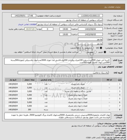 استعلام کاسه آش خوری 500عدد.سفره 100متری پرفراژدار 200رول.قاشق غذا خوری 3000عدد.لیوان پلاستیکی آبخوری500بسته 500تایی.لیوان کاغذی قهوه 500عدد.