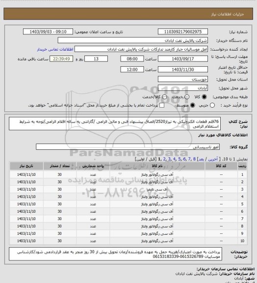 استعلام 76قلم قطعات الکترونیکی به تیراژ2520/الصاق پیشنهاد فنی و مالی الزامی /گارانتی یه ساله اقلام الزامی/توجه به شرایط استعلام الزامی