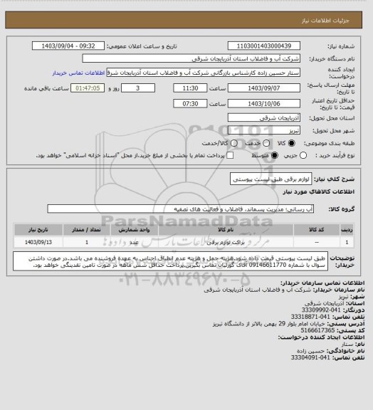 استعلام لوازم برقی طبق لیست پیوستی