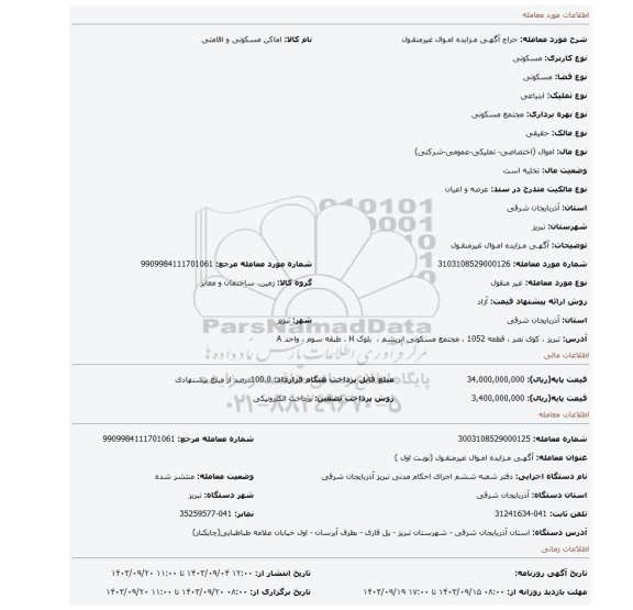 مزایده، آگهـی مـزایده امـوال غیرمنقـول