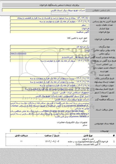 مناقصه, خرید انواع سیم آلومینیومی جهت شرکت توزیع برق فارس