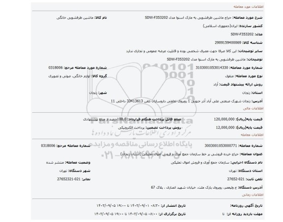 ماشین ظرفشویی به مارک اسنوا مدل SDW-F353202