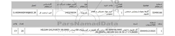 استعلام گازها وموادشیمیایی صنعتی هلیوم