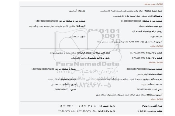 مزایده، لوازم صعنتی طبق لیست نظریه کارشناسی