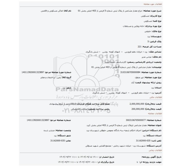 مزایده،  مقدار مشاعی از پلاک ثبتی شماره 5 فرعی از 403 اصلی بخش 01