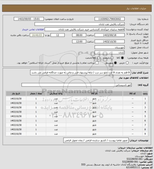 استعلام 9 قلم به تعداد 9 عدد تابلو سر درب / ارائه پیشنهاد فنی و مالی به صورت جداگانه الزامی می باشد