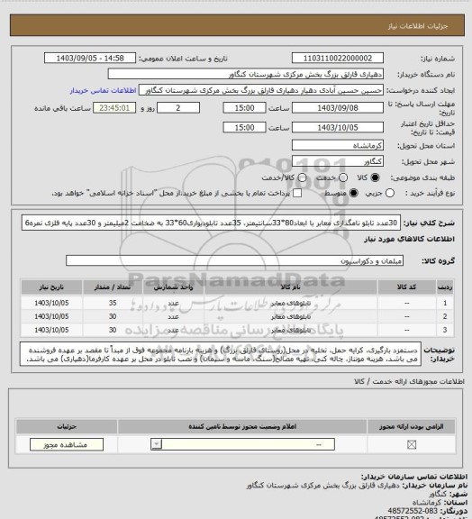 استعلام 30عدد تابلو نامگذاری معابر با ابعاد80*33سانتیمتر، 35عدد تابلودیواری60*33 به ضخامت 2میلیمتر و 30عدد پایه فلزی نمره6