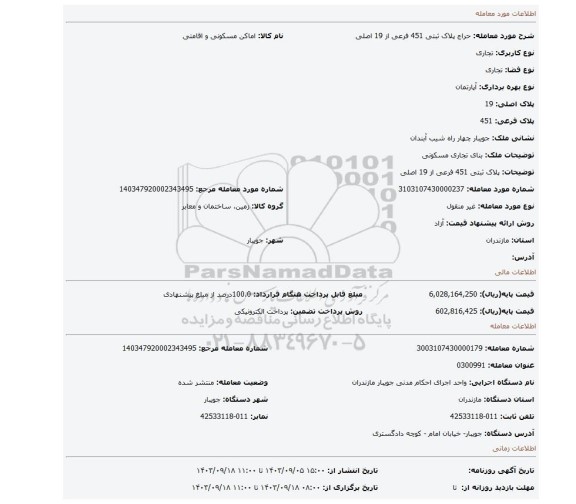 مزایده، پلاک ثبتی 451 فرعی از 19 اصلی