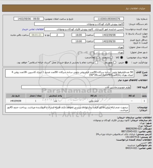 استعلام 50 عددفیلترهوا پژویی ساده سرکان-50عدد فیلترروغن پژویی ساده سرکان- 50عدد ضدیخ 1 لیتری کاسپین -18عدد روغن 4 لیتری بهران رانا(6عدد40*10و12عدد20*50)