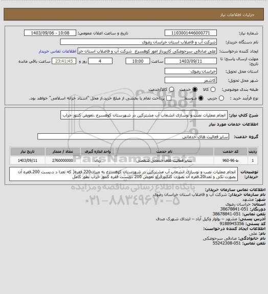 استعلام انجام عملیات نصب و نوسازی  انشعاب آب مشترکین در شهرستان کوهسرخ .تعویض کنتور خراب