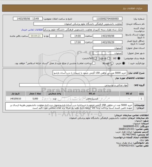 استعلام خرید 5000 عدد تن ماهی 150 گرمی چینود یا شیدان با درب آسان بازشو