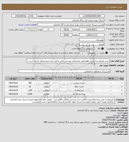 استعلام خرید مصالح ساختمانی فقط طبق مشخصات پیوستی مالی و فنی ارایه شود.ایرانکد مشابه است.