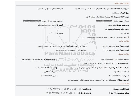 مزایده، ثبتی پلاک 4B فرعی از 1923 اصلی بخش 04 یزد