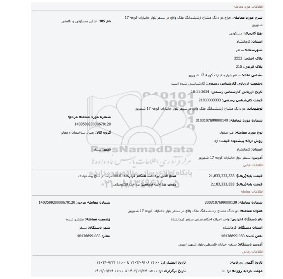 مزایده، دو دانگ مشاع ازششدانگ ملک واقع در سنقر بلوار جانبازان کوچه 17 شهریور