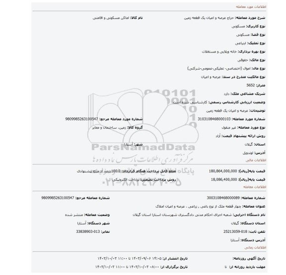 مزایده، عرصه و اعیان یک قطعه زمین