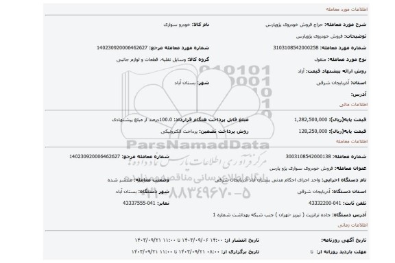 مزایده، فروش خودروی پژوپارس