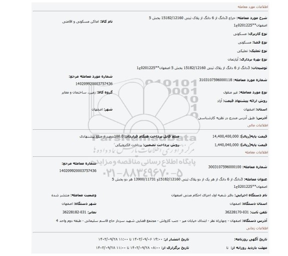 مزایده، 3دانگ از 6 دانگ از پلاک ثبتی   15182/12160 بخش 5 اصفهان**0201225ج1