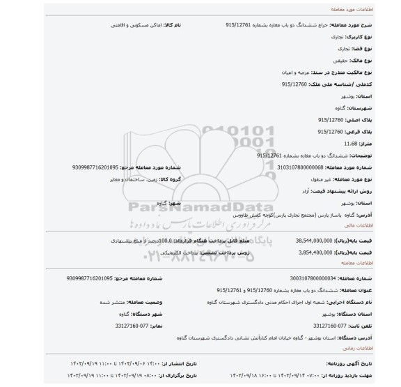 مزایده، ششدانگ دو باب مغازه بشماره  915/12761