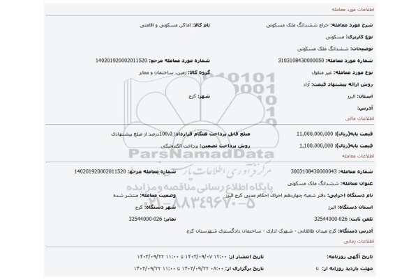 مزایده، ششدانگ ملک مسکونی