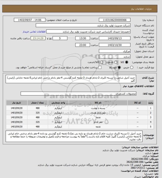 استعلام خرید آجیل شامل :1-پسته اکبری 2-بادام هندی  3-تخمه کدو گوشتی 4-مغز بادام درختی خام ایرانی5-تخمه جابانی (ژاپنی) گلپر