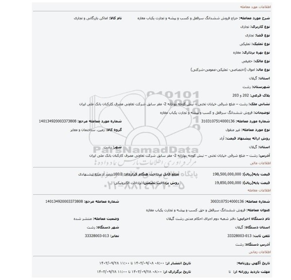 مزایده، فروش  ششدانگ سرقفل و کسب و پیشه  و تجارت یکباب  مغازه