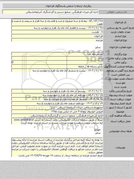 مزایده, فروش خودروی پژو ۴۰۵ جی ال ایکس مدل ۱۳۸۵