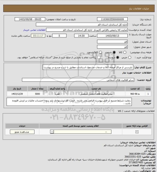 استعلام بازرسی از مراکز عرضه کالا و خدمات مشمول استاندارد مطابق با شرح مندرج در پیوست