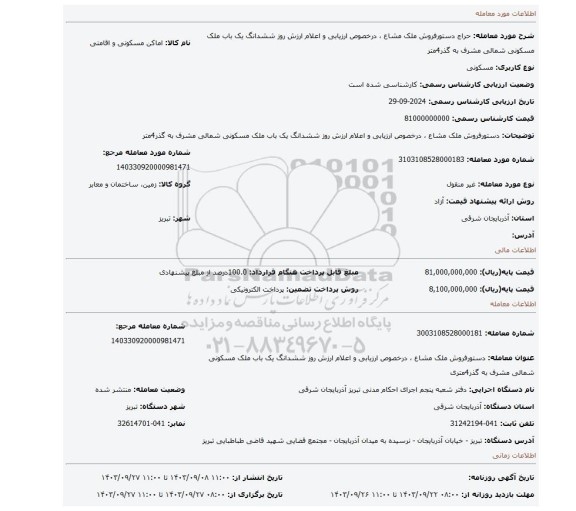 مزایده،  دستورفروش ملک مشاع ، درخصوص ارزیابی و اعلام ارزش روز ششدانگ یک باب ملک مسکونی شمالی مشرف به گذر4متر