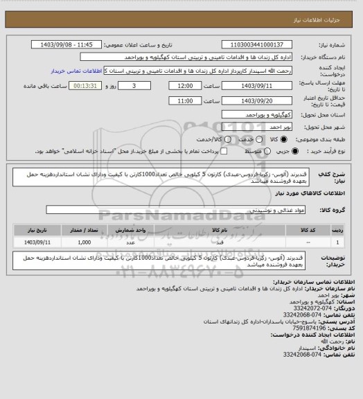 استعلام قندبرند (آلوس- زکریا-فردوس-عبدی) کارتون 5 کیلویی خالص تعداد1000کارتن با کیفیت ودارای نشان استانداردهزینه حمل بعهده فروشنده میباشد