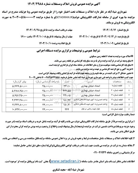 مزایده فروش شش قطعه ملک از متراژ 180.20 الی 244 مترمربع