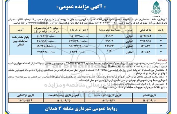 مزایده عمومی فروش زمین های...