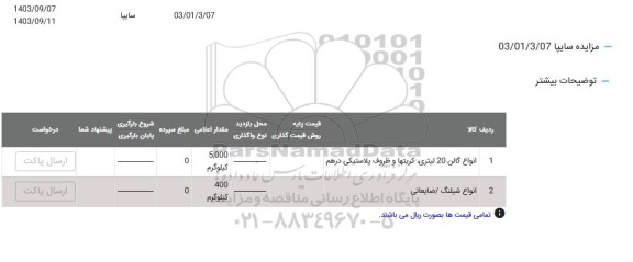  مزایده انواع گالن 20 لیتری، کریتها و ظروف پلاستیکی درهم و ...