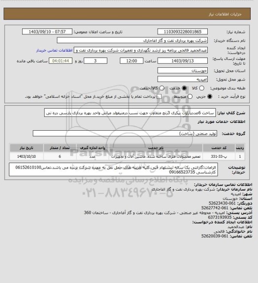 استعلام ساخت 6عددپایلوت بیکری 3رنج متفاوت جهت نسب درمنیفولد میانی واحد بهره برداری پارسی دره نی