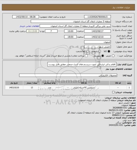 استعلام اقلام یدکی ابزاردقیق جهت سیستم های کنترل صنعتی مطابق فایل پیوست