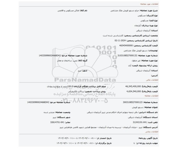 مزایده، دستور فروش ملک مشاعی