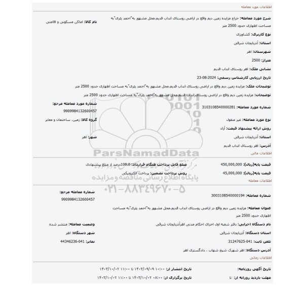 مزایده، مزایده زمین دیم واقع در اراضی روستای انداب قدیم،محل مشهور به